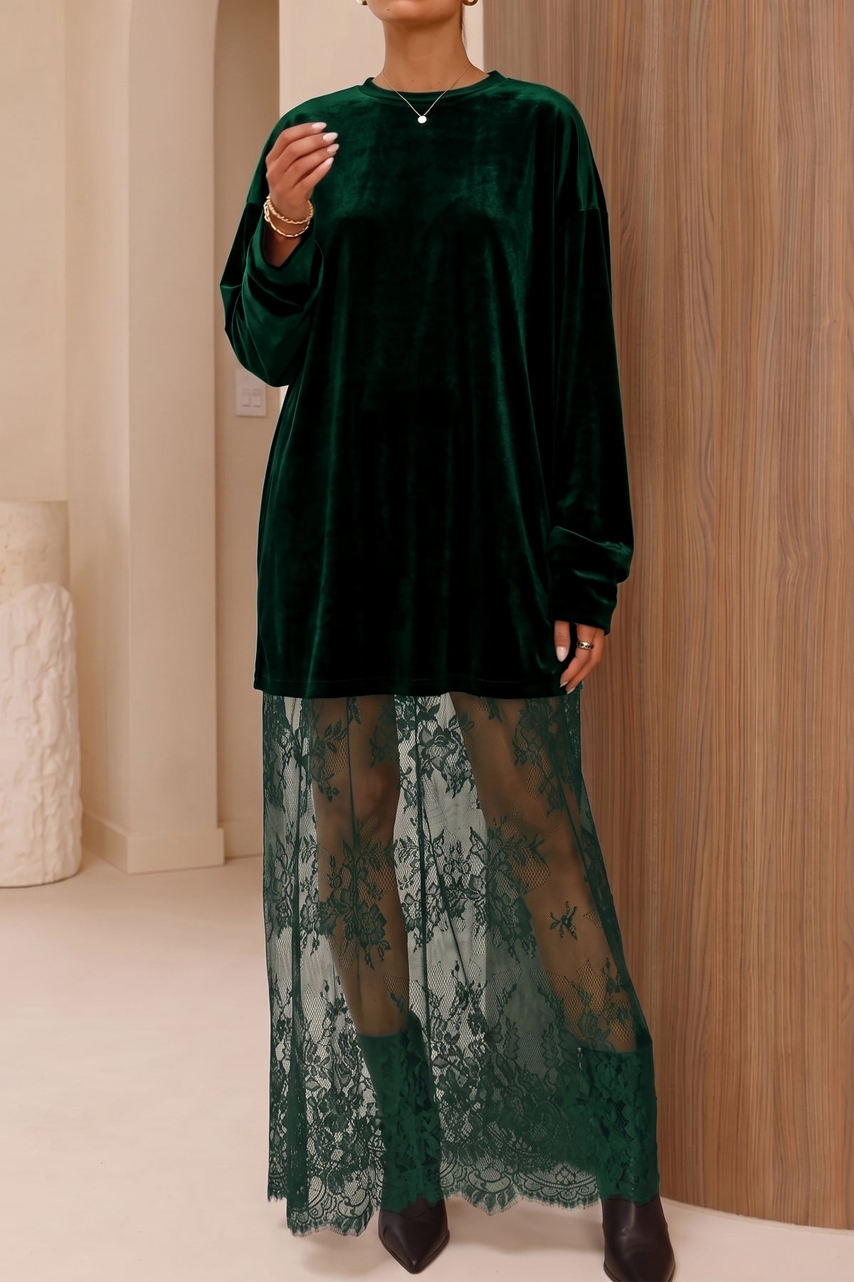 Black Velvet Long Sleeve Lace Splicing Hem Shift Maxi Dress