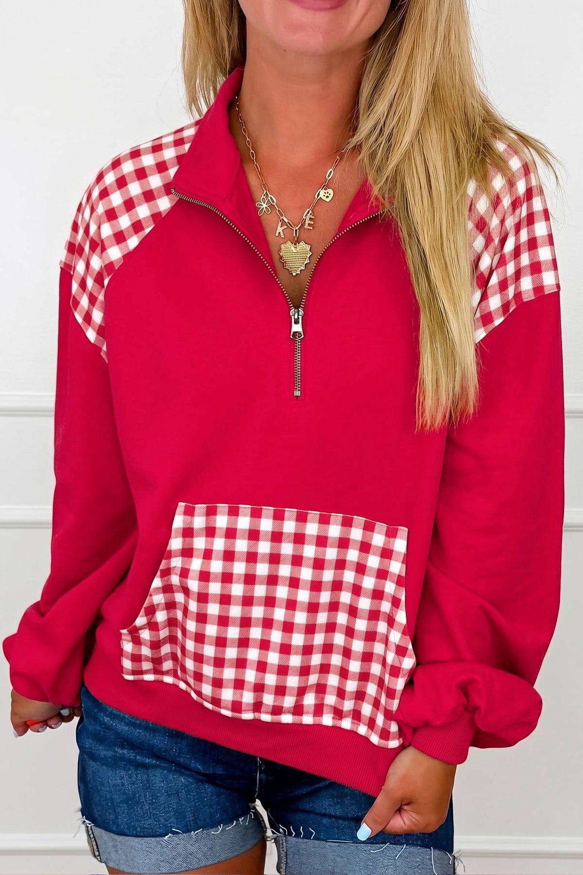 Coffee Patchwork Plaid Pocket Quarter Zip Sweatshirt