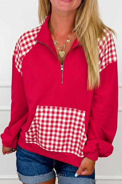 Coffee Patchwork Plaid Pocket Quarter Zip Sweatshirt