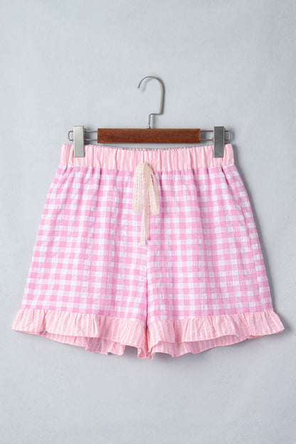 Sky Blue Gingham Print Ruffle Striped Detail Lace Tie Shorts