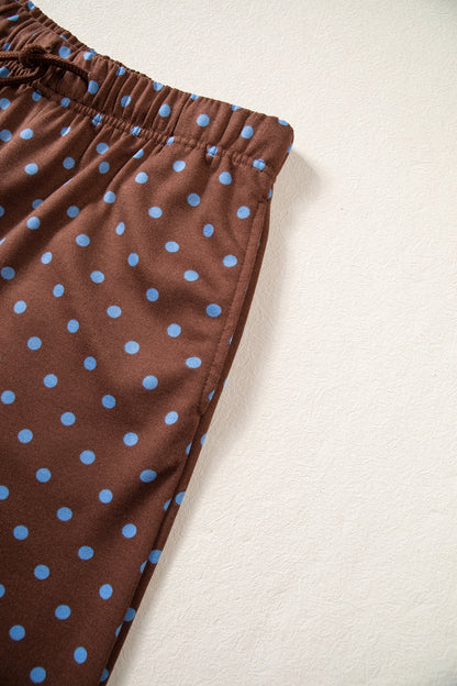 Blue Polka Dot Drawstring Wide Leg Long Sleeve Top Pant Set