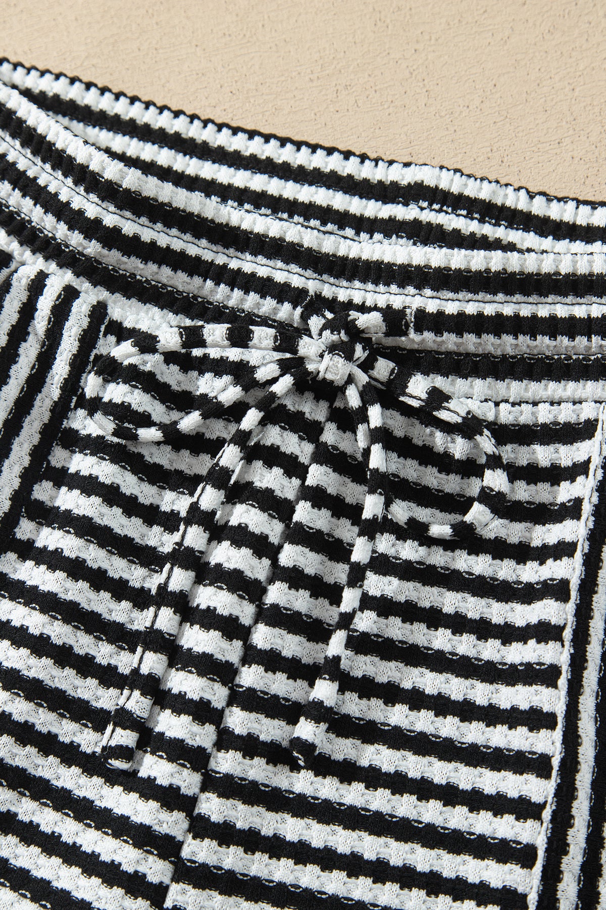 Black Stripe Textured Knit Long Sleeve Top Elastic Waist Shorts Casual Outfit