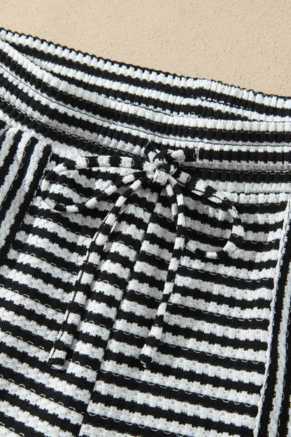 Black Stripe Textured Knit Long Sleeve Top Elastic Waist Shorts Casual Outfit
