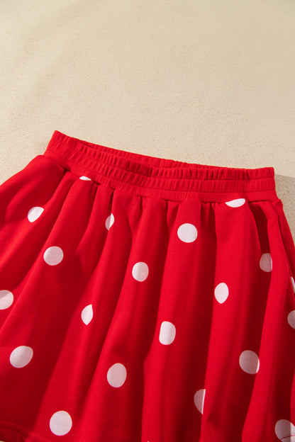 Beige Polka Dot Raw Hem Relaxed Pullover Loose Skort Two Piece Set