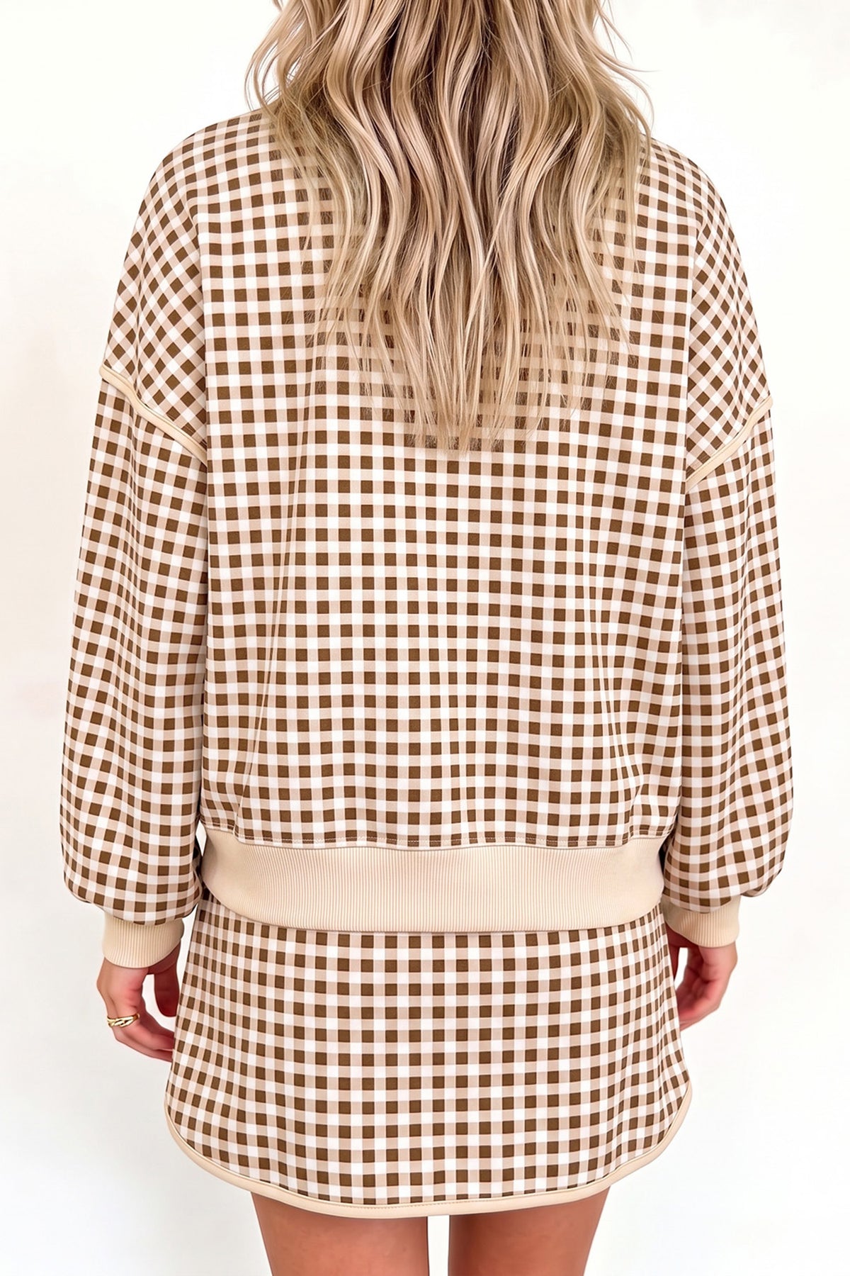 Red Gingham Oversized Ribbed Trim Crew Neck Long Sleeve Top and Skort Set