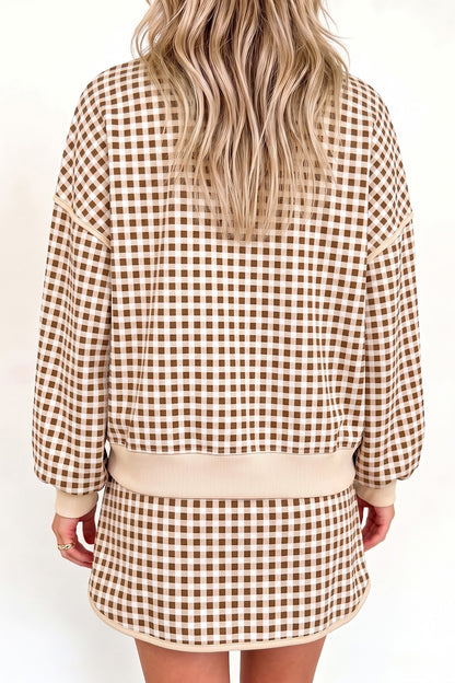 Red Gingham Oversized Ribbed Trim Crew Neck Long Sleeve Top and Skort Set