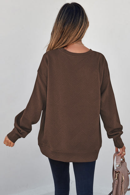 White Solid Color Textured Round Neck Drop Shoulder Pullover Sweatshirt
