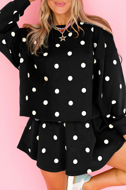 Beige Polka Dot Raw Hem Relaxed Pullover Loose Skort Two Piece Set