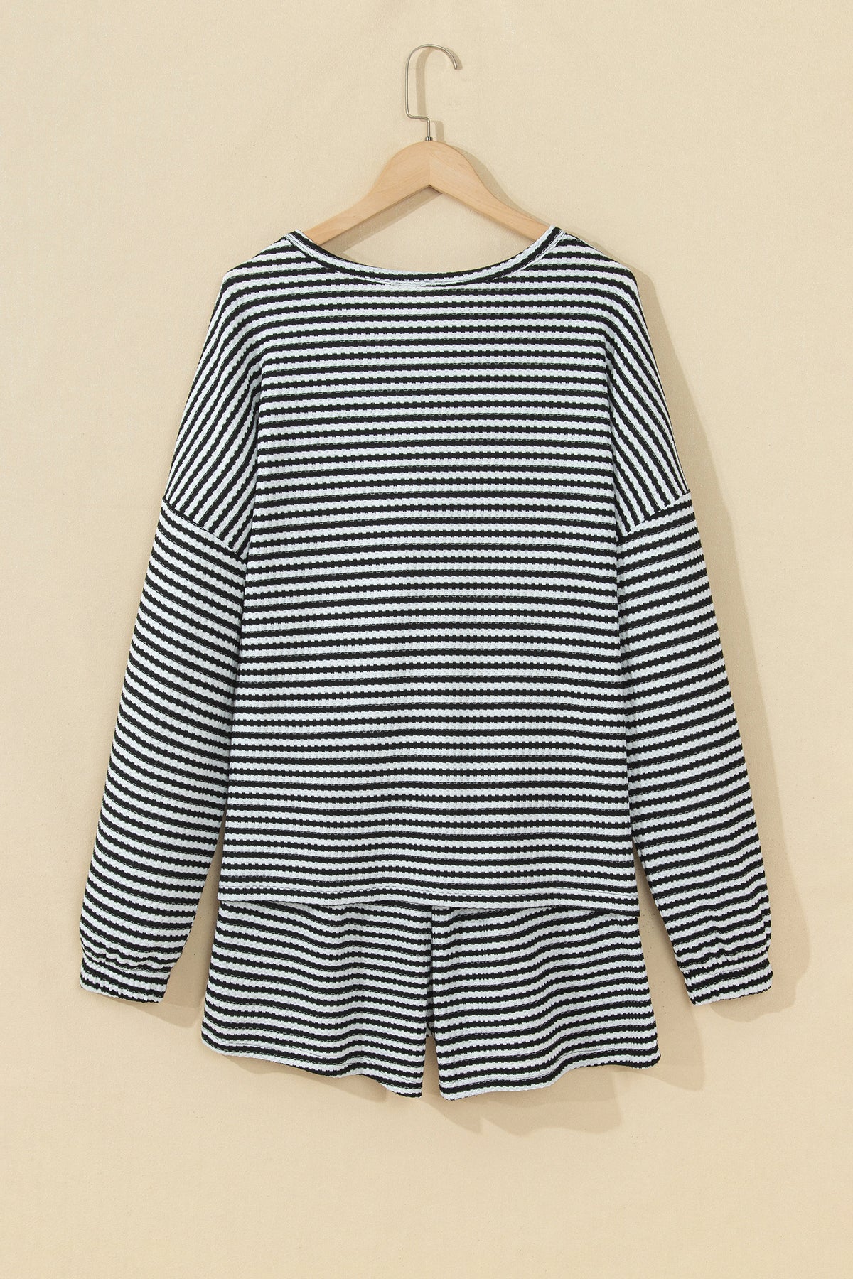 Black Stripe Textured Knit Long Sleeve Top Elastic Waist Shorts Casual Outfit