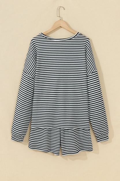 Black Stripe Textured Knit Long Sleeve Top Elastic Waist Shorts Casual Outfit