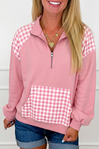 Coffee Patchwork Plaid Pocket Quarter Zip Sweatshirt