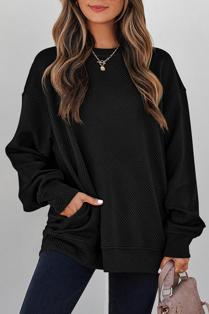 White Solid Color Textured Round Neck Drop Shoulder Pullover Sweatshirt