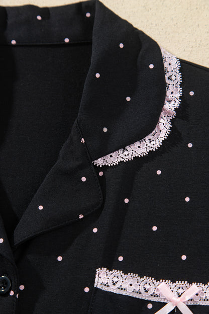 Black Polka Dot Long Sleeve Shirt Lace Detail Two Piece Pajama Pant Set