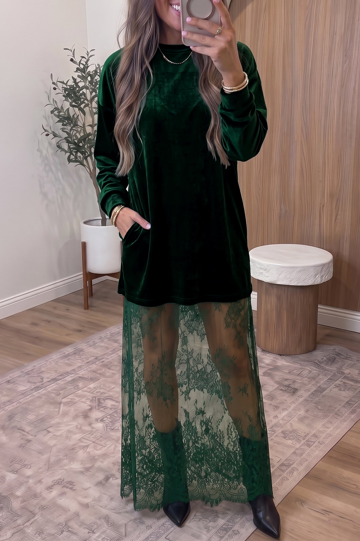 Black Velvet Long Sleeve Lace Splicing Hem Shift Maxi Dress