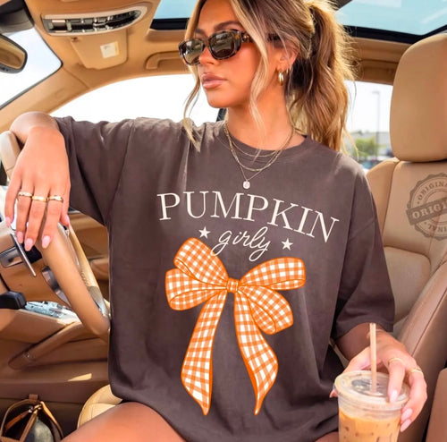 Pumpkin Girly Bow Graphic Tee | Fall Gingham Shirt | Cute Pumpkin Season T-Shirt