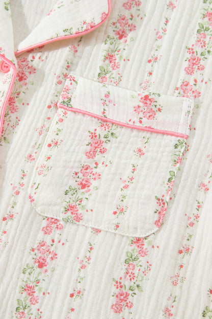 Pink Floral Print Long Sleeve Button Front Shirt Pajama Pant Set