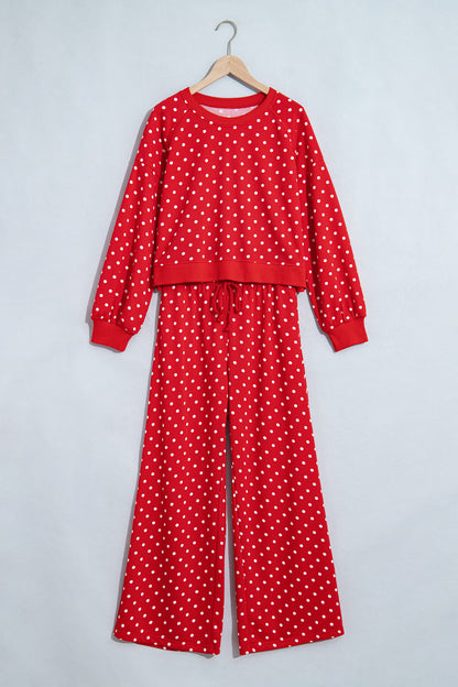 Blue Polka Dot Drawstring Wide Leg Long Sleeve Top Pant Set