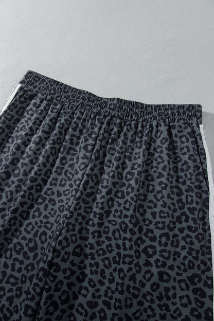 Gray Leopard Print Bracelet Sleeve Top Plus Size Loose Pants Set