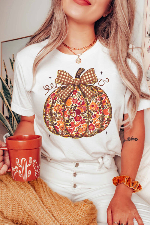 White Floral Pumpkin Print Round Neck Short Sleeve T-Shirt
