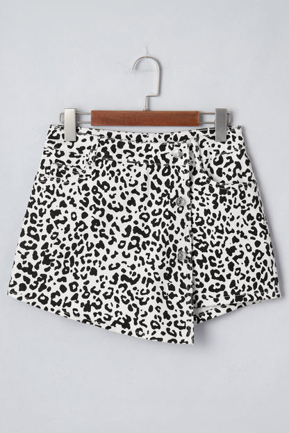 Black Leopard Print Button Overlap Denim Shorts