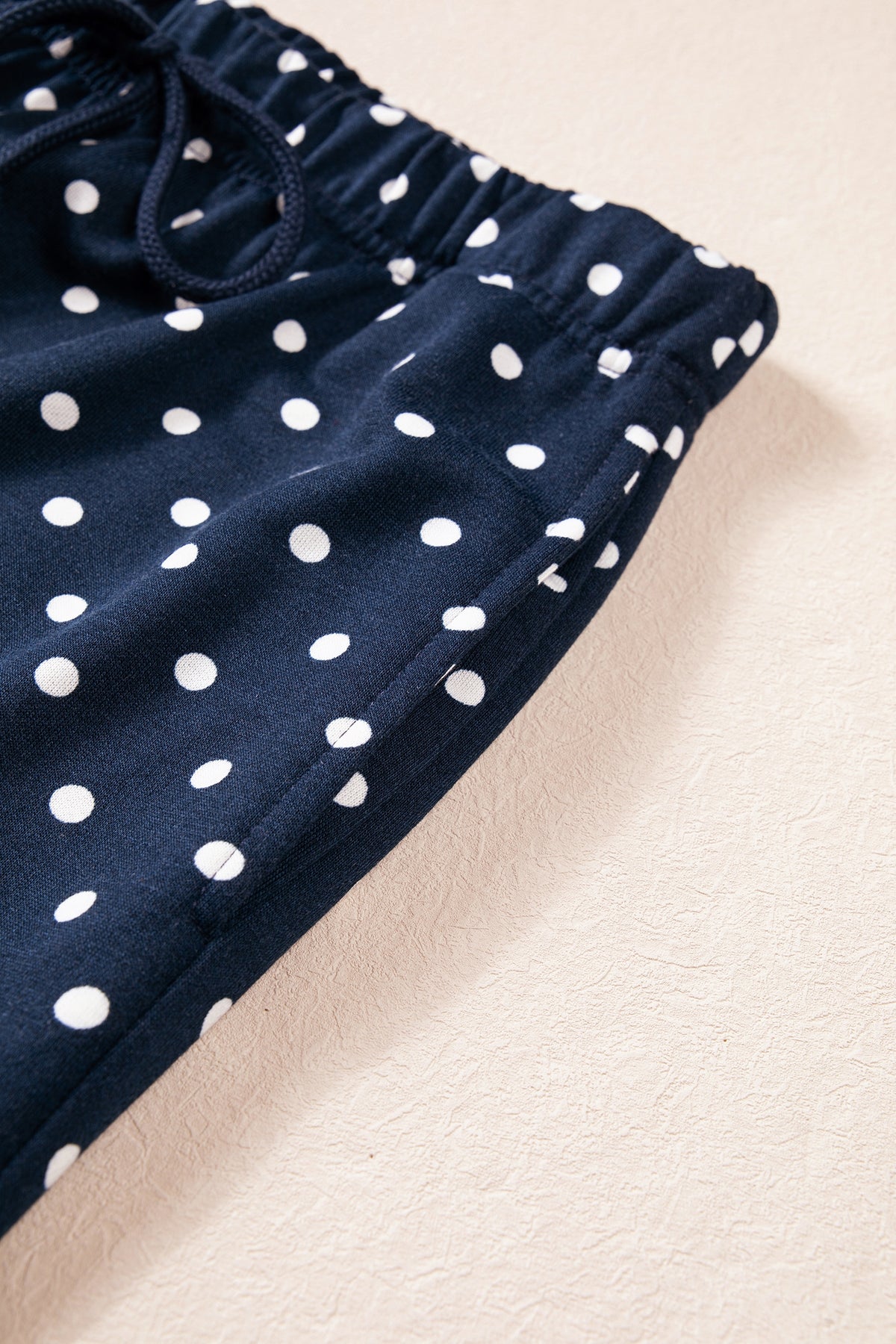 Blue Polka Dot Drawstring Wide Leg Long Sleeve Top Pant Set