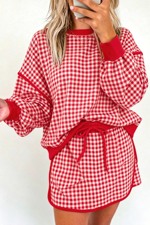 Red Gingham Oversized Ribbed Trim Crew Neck Long Sleeve Top and Skort Set