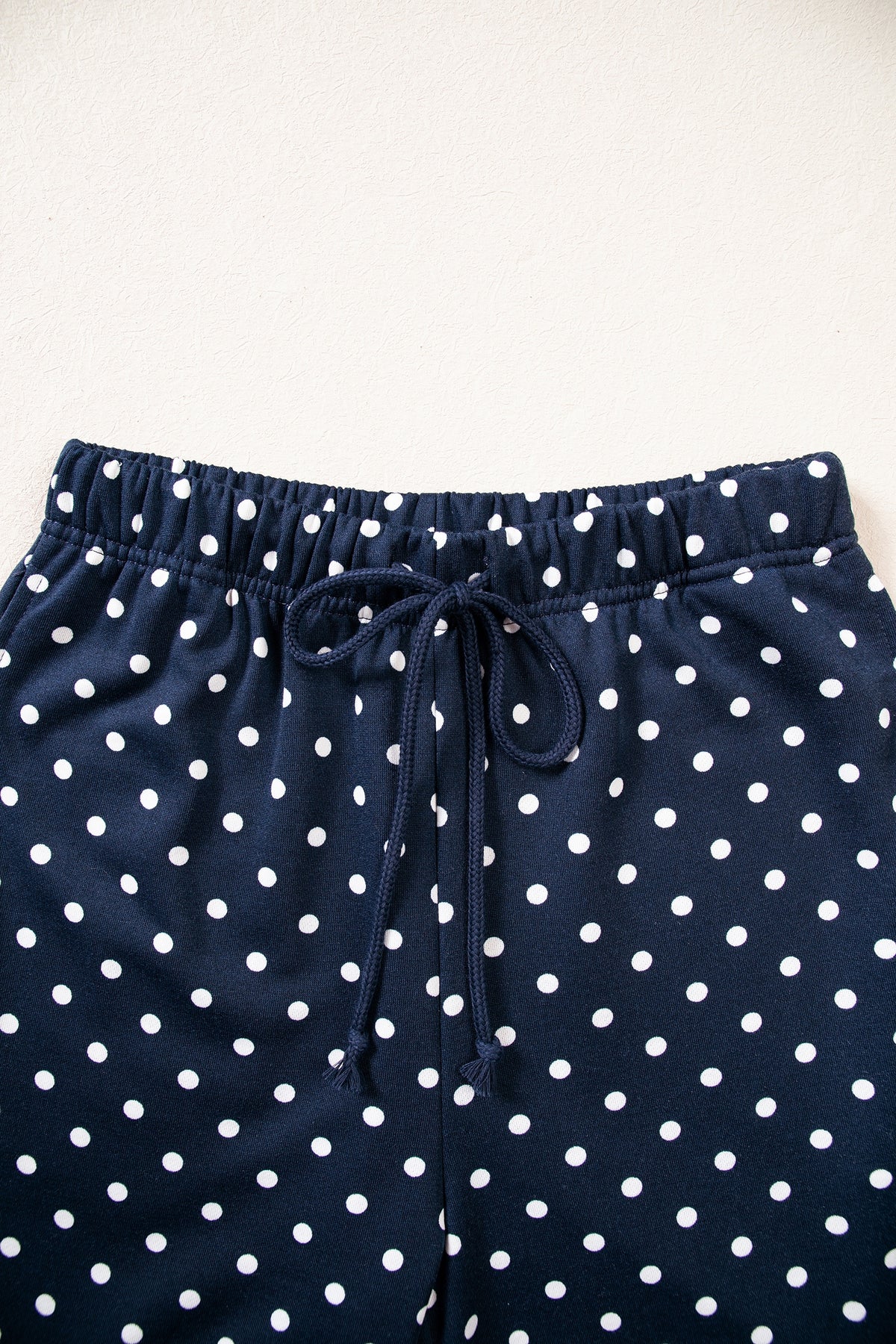 Blue Polka Dot Drawstring Wide Leg Long Sleeve Top Pant Set