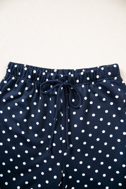 Blue Polka Dot Drawstring Wide Leg Long Sleeve Top Pant Set