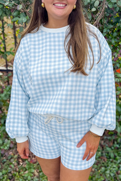 Yellow Gingham Loose Pullover Top Drawstring Shorts Plus Size Set