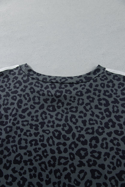 Gray Leopard Print Bracelet Sleeve Top Plus Size Loose Pants Set
