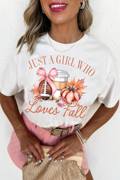 White JUST A GIRL WHO Loves Fall Graphic Casual Tee