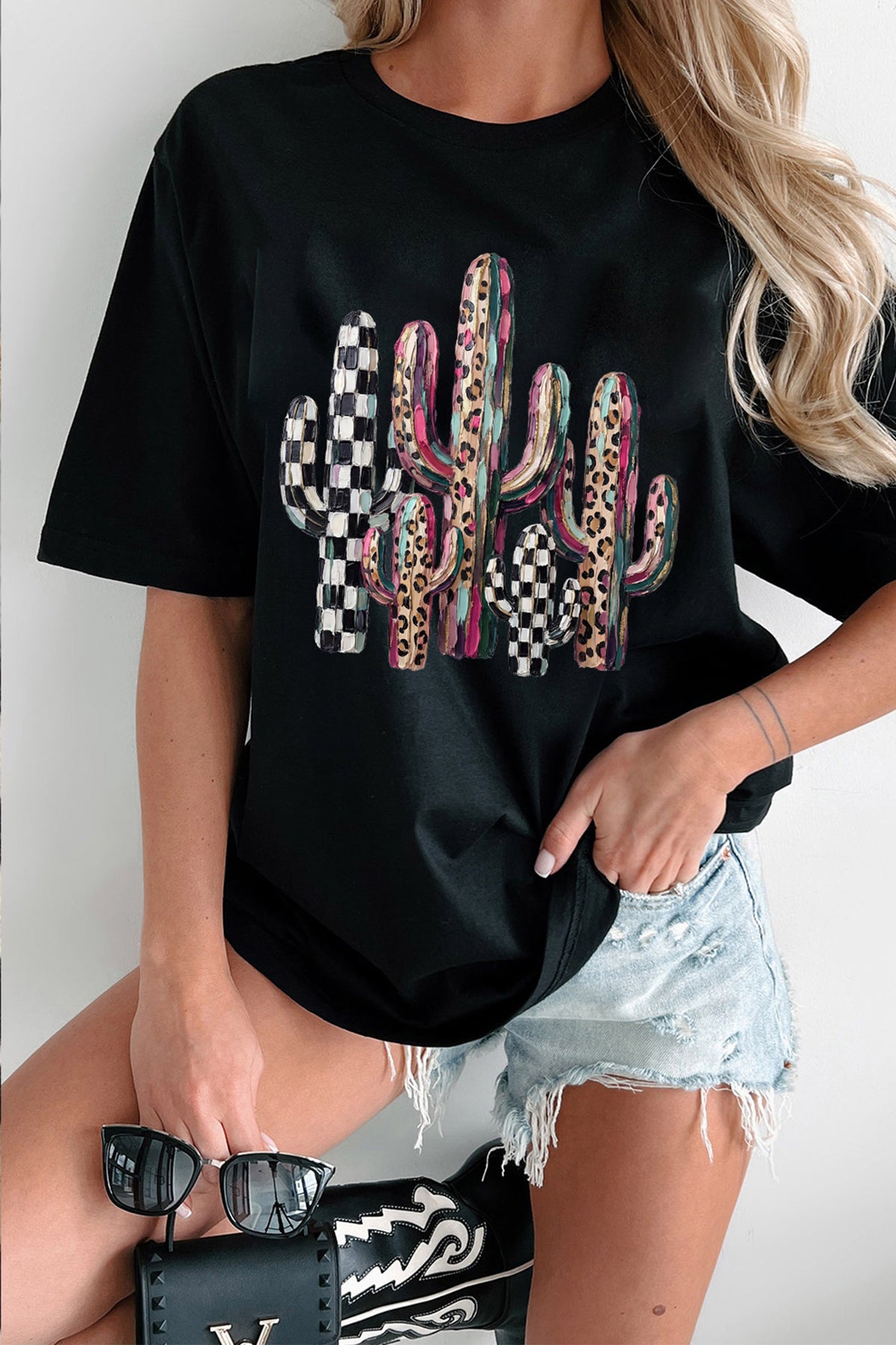 Black Mixed Pattern Cactus Graphic Print Relaxed T-Shirt