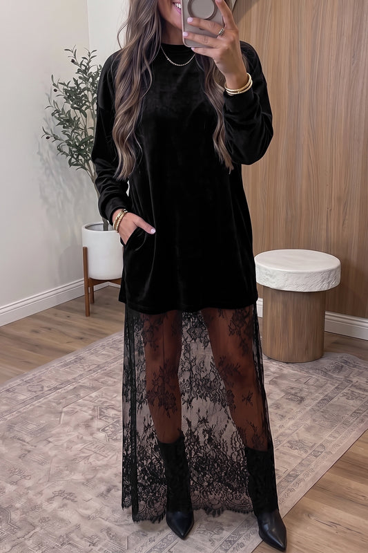 Black Velvet Long Sleeve Lace Splicing Hem Shift Maxi Dress