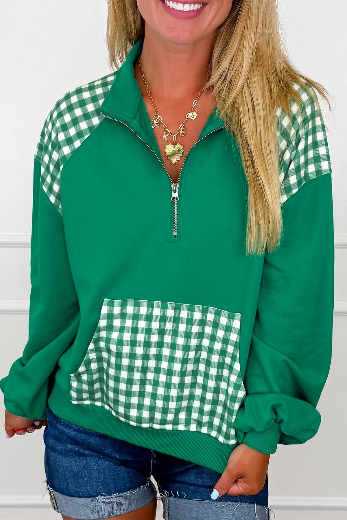 Coffee Patchwork Plaid Pocket Quarter Zip Sweatshirt