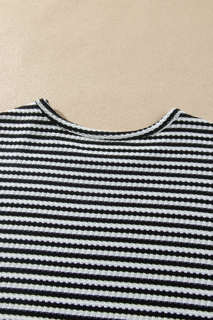 Black Stripe Textured Knit Long Sleeve Top Elastic Waist Shorts Casual Outfit