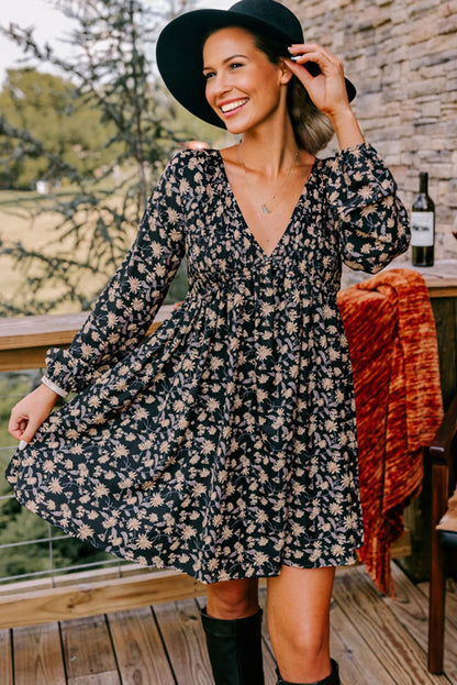 Beige Floral Deep V Neck Smocked Bust Bubble Sleeve Babydoll Dress