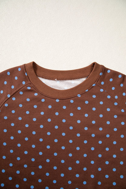 Blue Polka Dot Drawstring Wide Leg Long Sleeve Top Pant Set