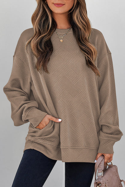 White Solid Color Textured Round Neck Drop Shoulder Pullover Sweatshirt