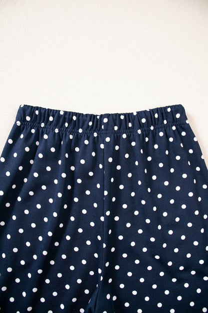 Blue Polka Dot Drawstring Wide Leg Long Sleeve Top Pant Set
