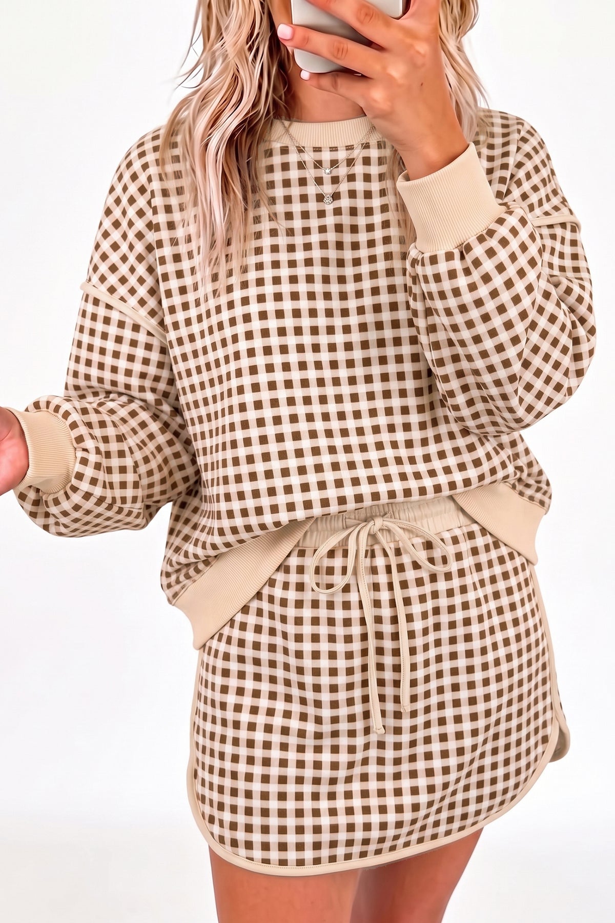 Red Gingham Oversized Ribbed Trim Crew Neck Long Sleeve Top and Skort Set